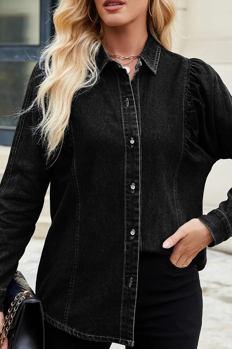 Women's Cropped Denim Shirt With Raw Hem Shoulder Detail