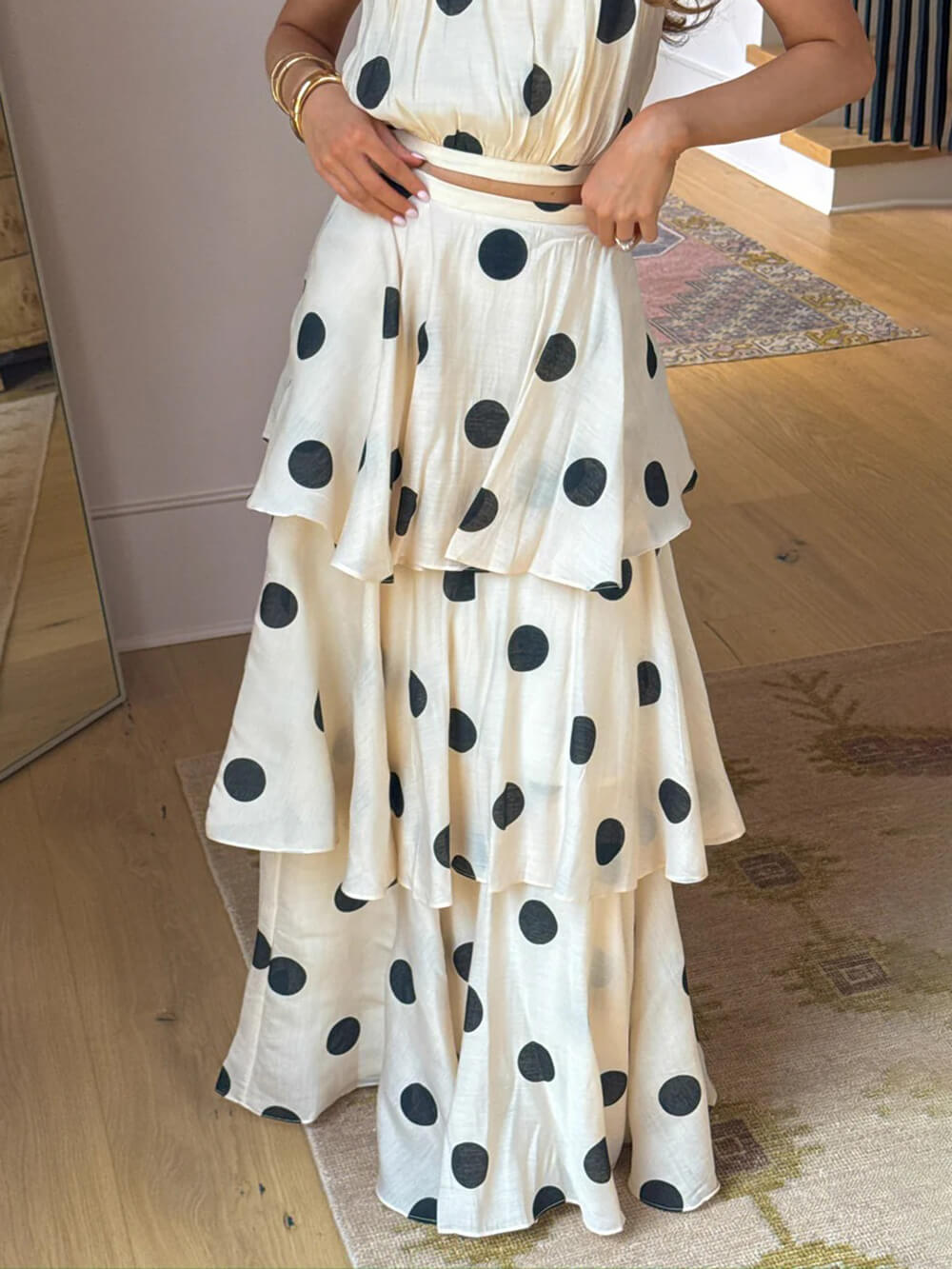 Exquisite Gift To You Polka Dot Print High Rise Layered Hem Maxi Skirt