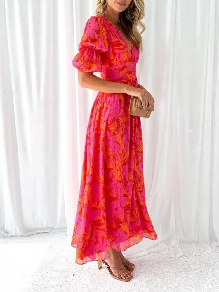 Elegant Floral V-neck Midi Dress