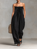 Black Minimalist Loose-fitting Faux Linen-blend Strapless Jumpsuit