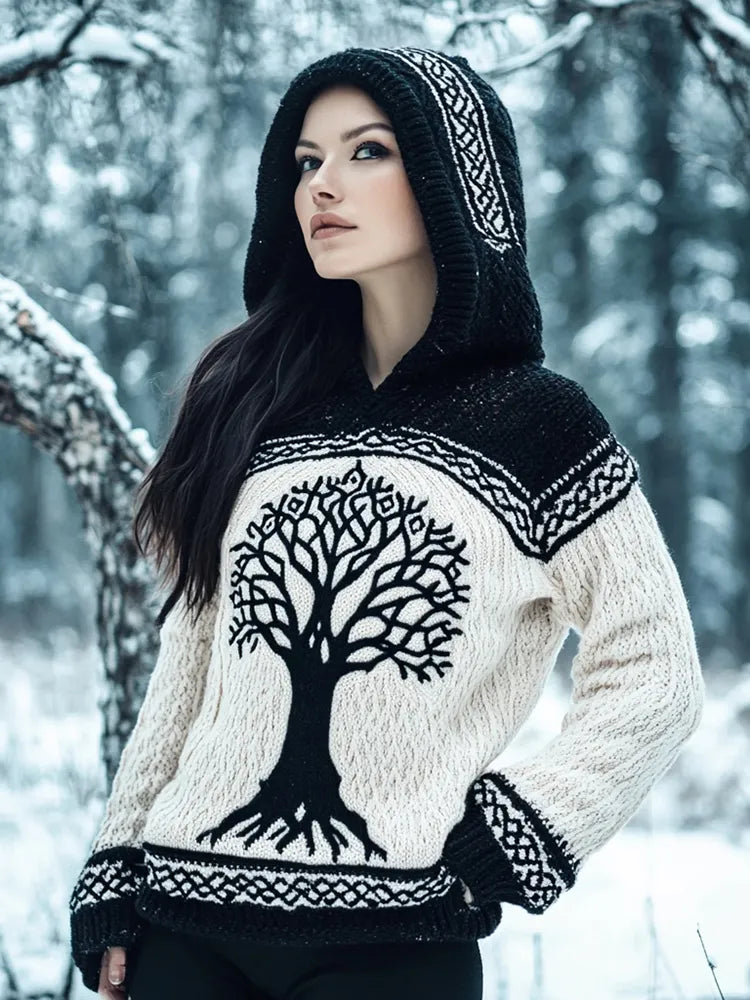Women's Viking Tree Of Life Contrast Jacquard Cozy Knit Hooded Sweater