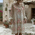Women's Pink Rose Embroidery Art Round Neck Long Sleeve Linen Blend Midi Dress