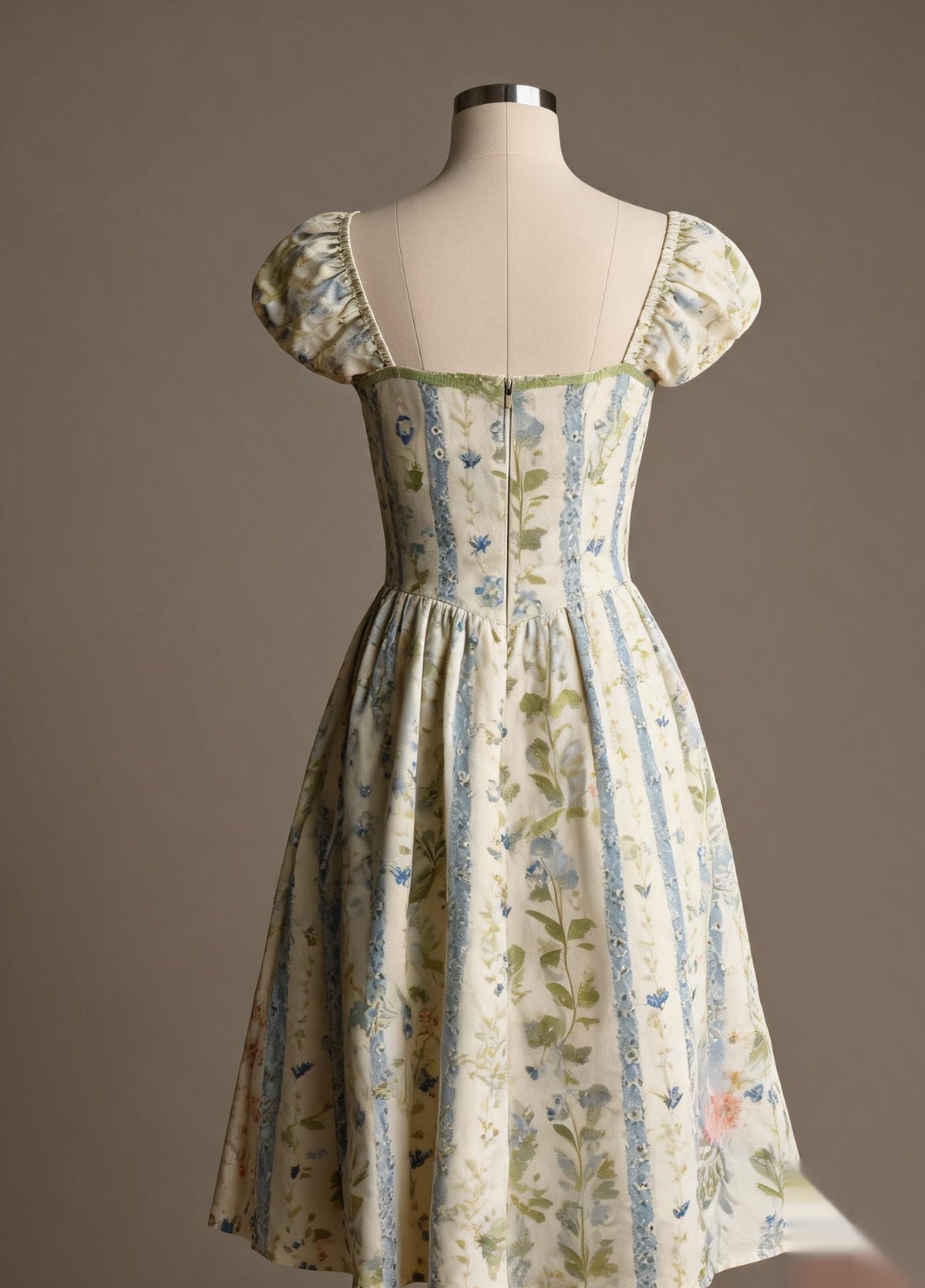 Vintage Blue Bellflower Square-Neck Puff Sleeve Cottage Dress with Sage Ribbon Bows