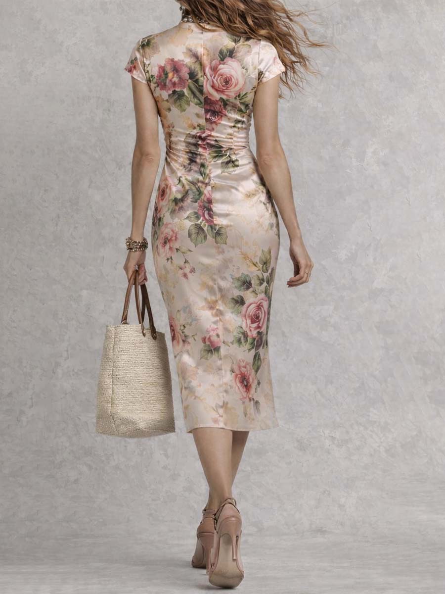 Satin Floral Print Ruched Midi Dress With Side Slit