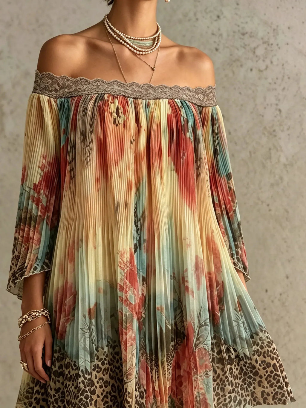 Vintage Floral Print Pleated Lace Off-shoulder Mini Dress