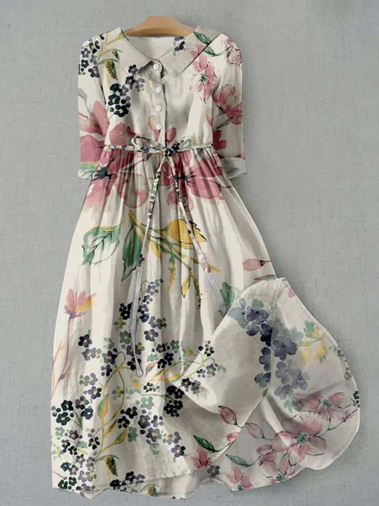 Elegant Japanese Art Floral Print Lace-up Casual Midi Dress