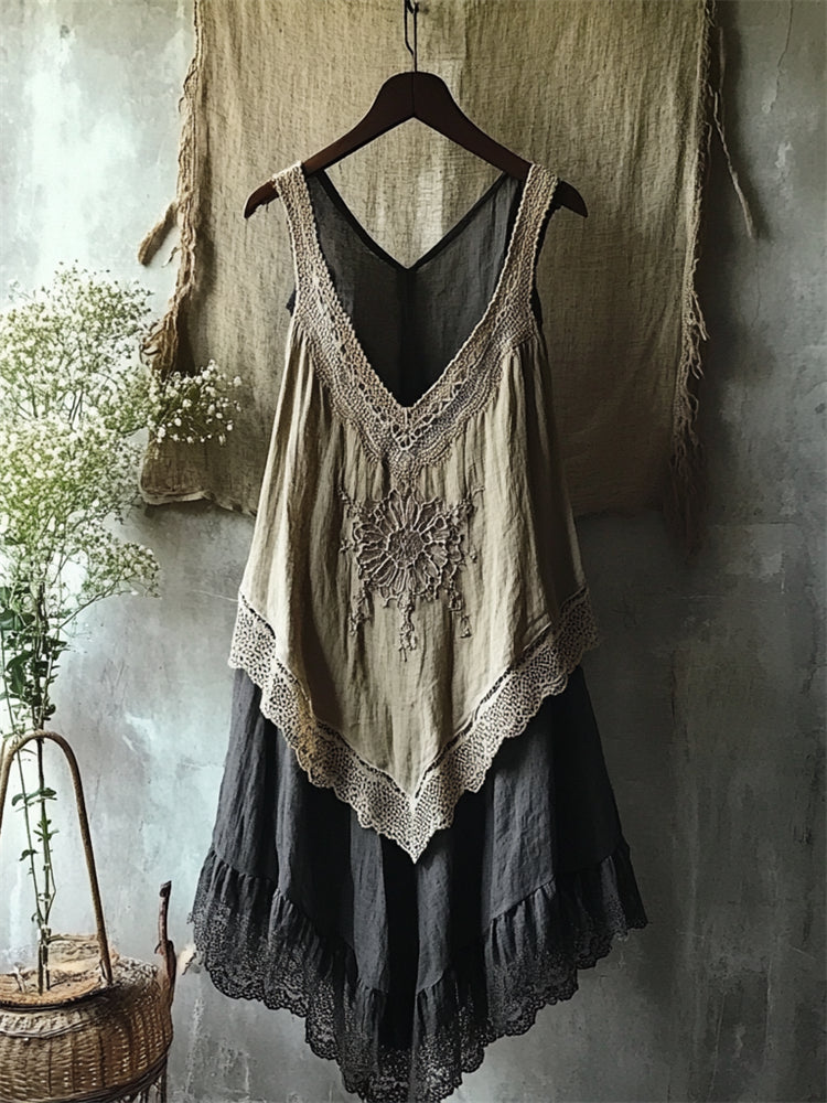 Vintage Boho Flower Lace Hem Linen Tank Dress