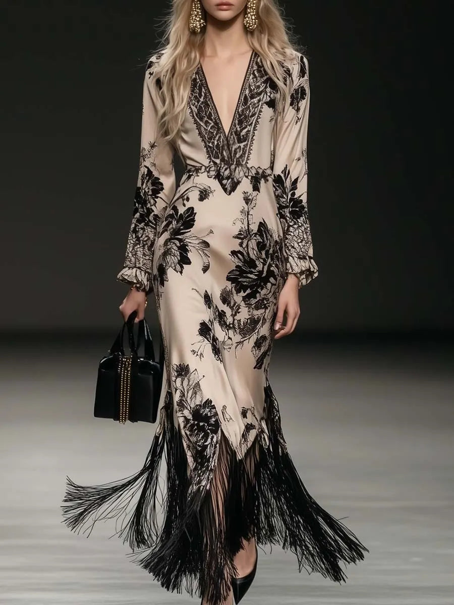 Elegant Bohemian Style V-neck Tassel Floral Print Beige Satin Maxi Dress