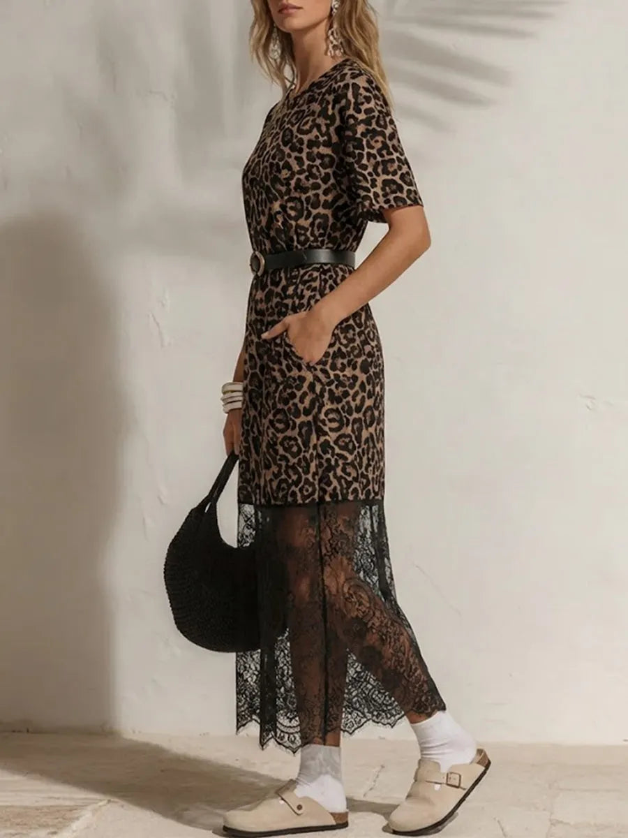 Leopard Print Lace Hem Shift Dress