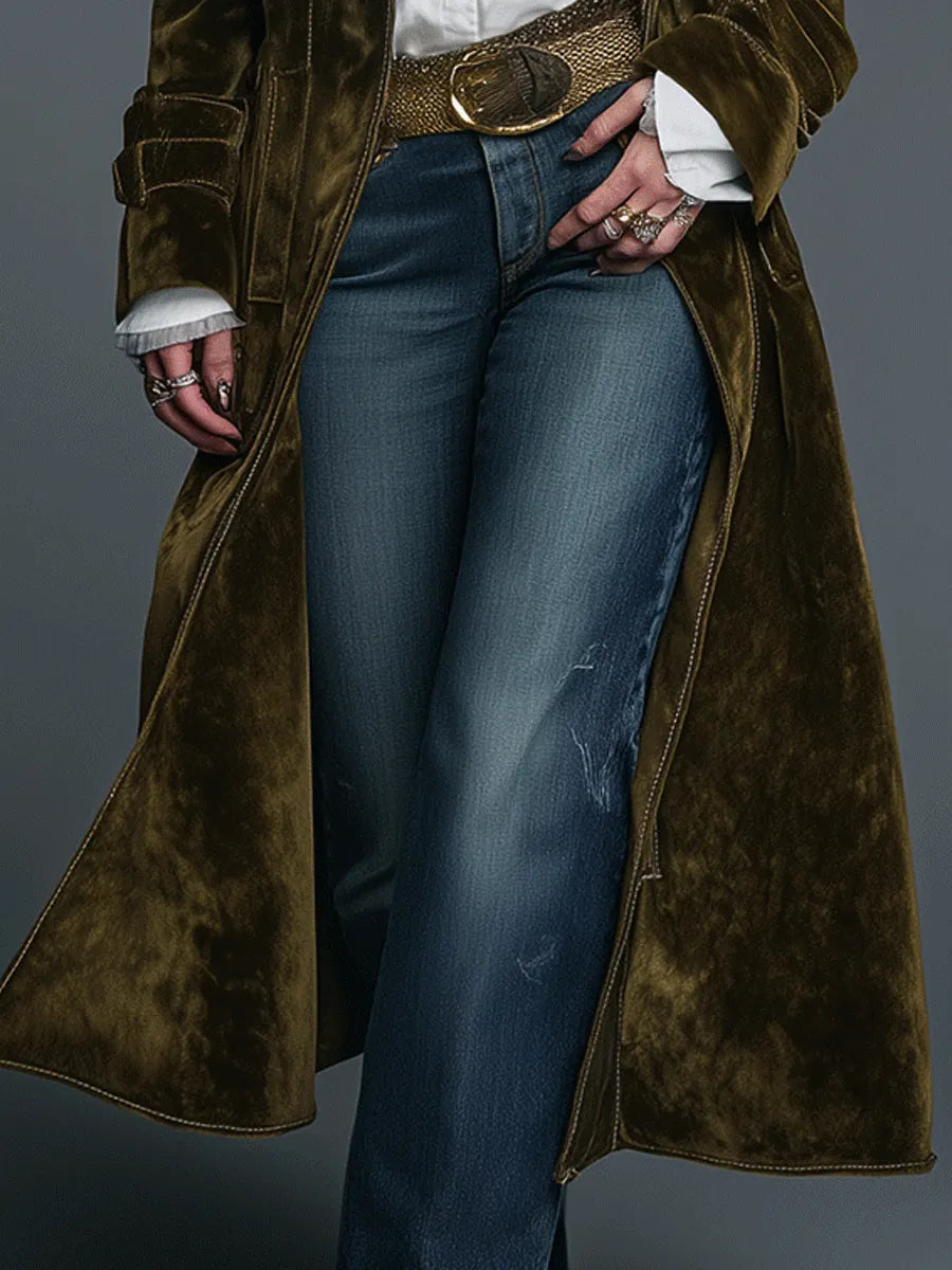 Boho Luxe Olive Velvet Leopard Lapel Long Coat