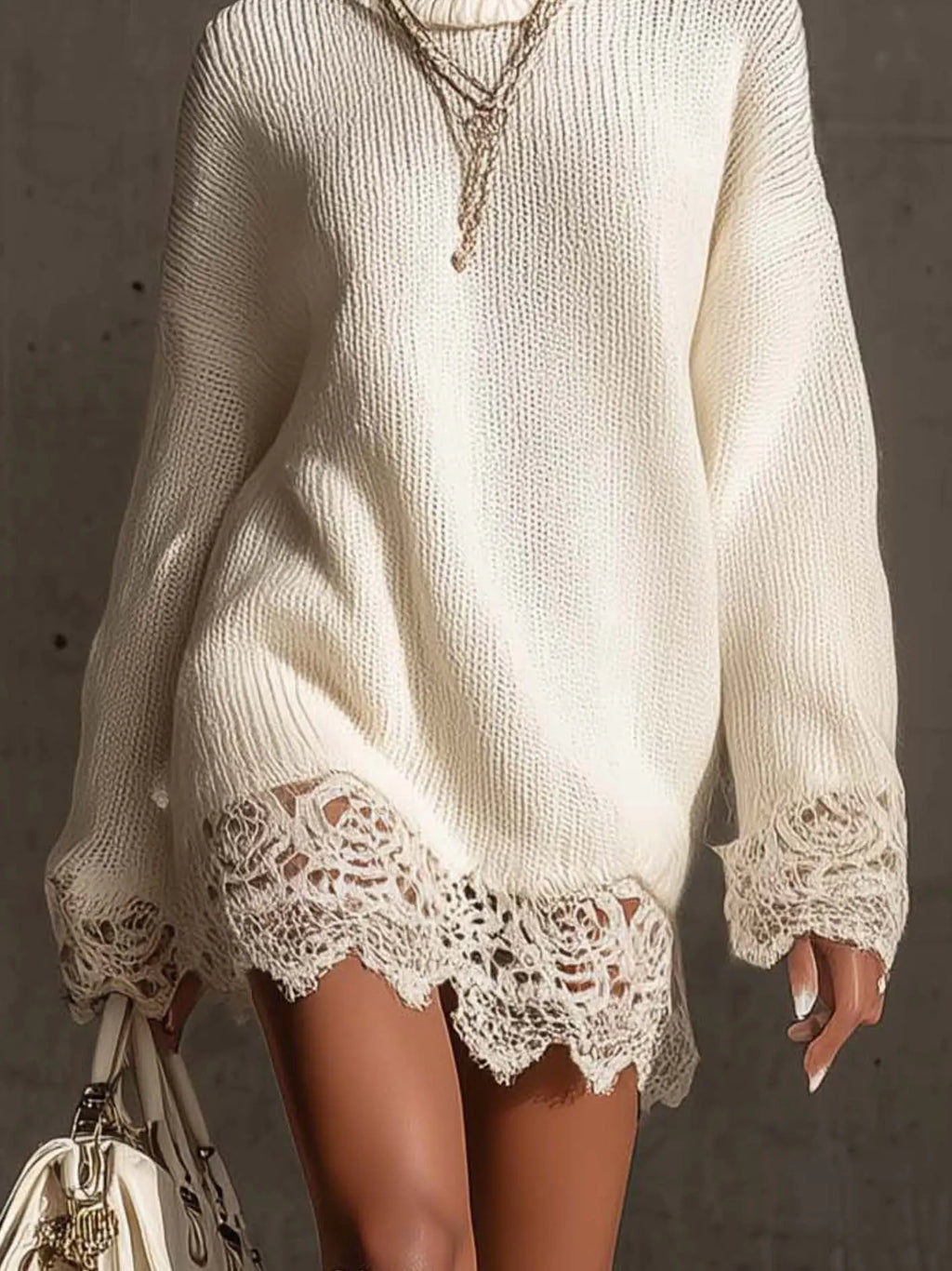 24-Hour-Shipping White Turtleneck Knit Mini Dress With Lace Trim