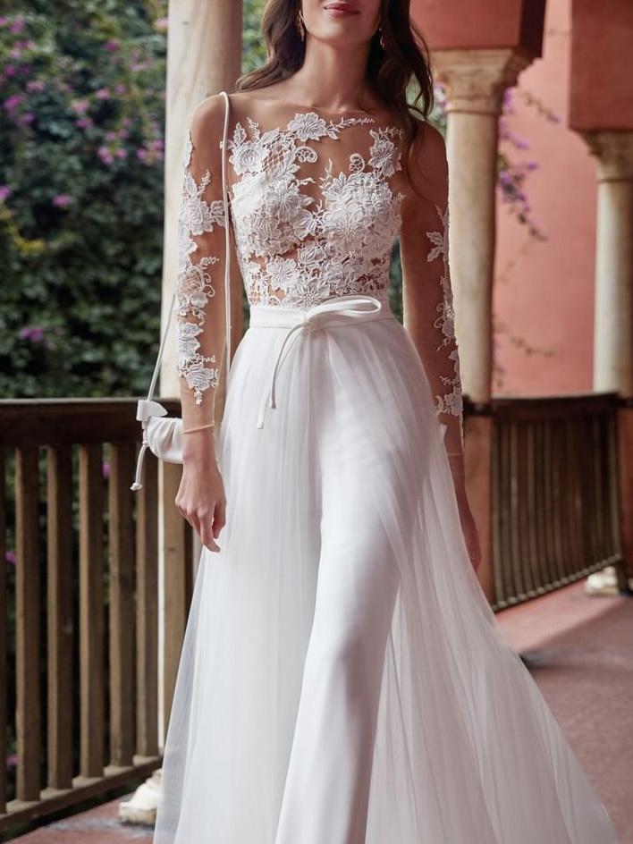 Neosepa-Lace Floral Long Sleeve Elegant Wedding Jumpsuit With Mesh Long Train