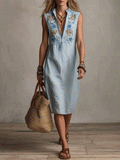 Chic Boho Striped Embroidered Sleeveless Midi Dress