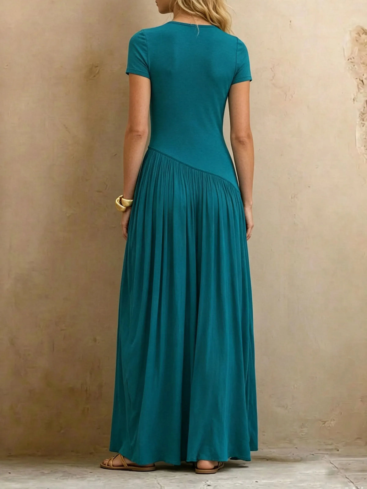 Womenâs Elegant High-elasticity Round-neck Short-sleeve Pleated Patchwork Causal Pocket Maxi Dress