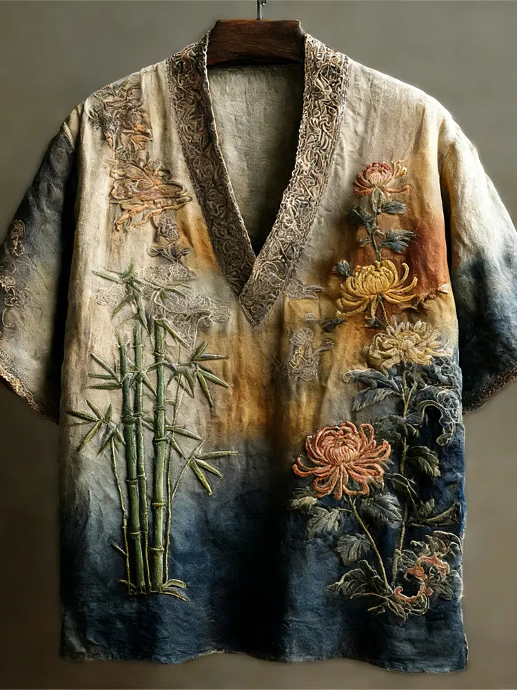 Vintage Japanese Botanical Art Linen V-neck Shirt