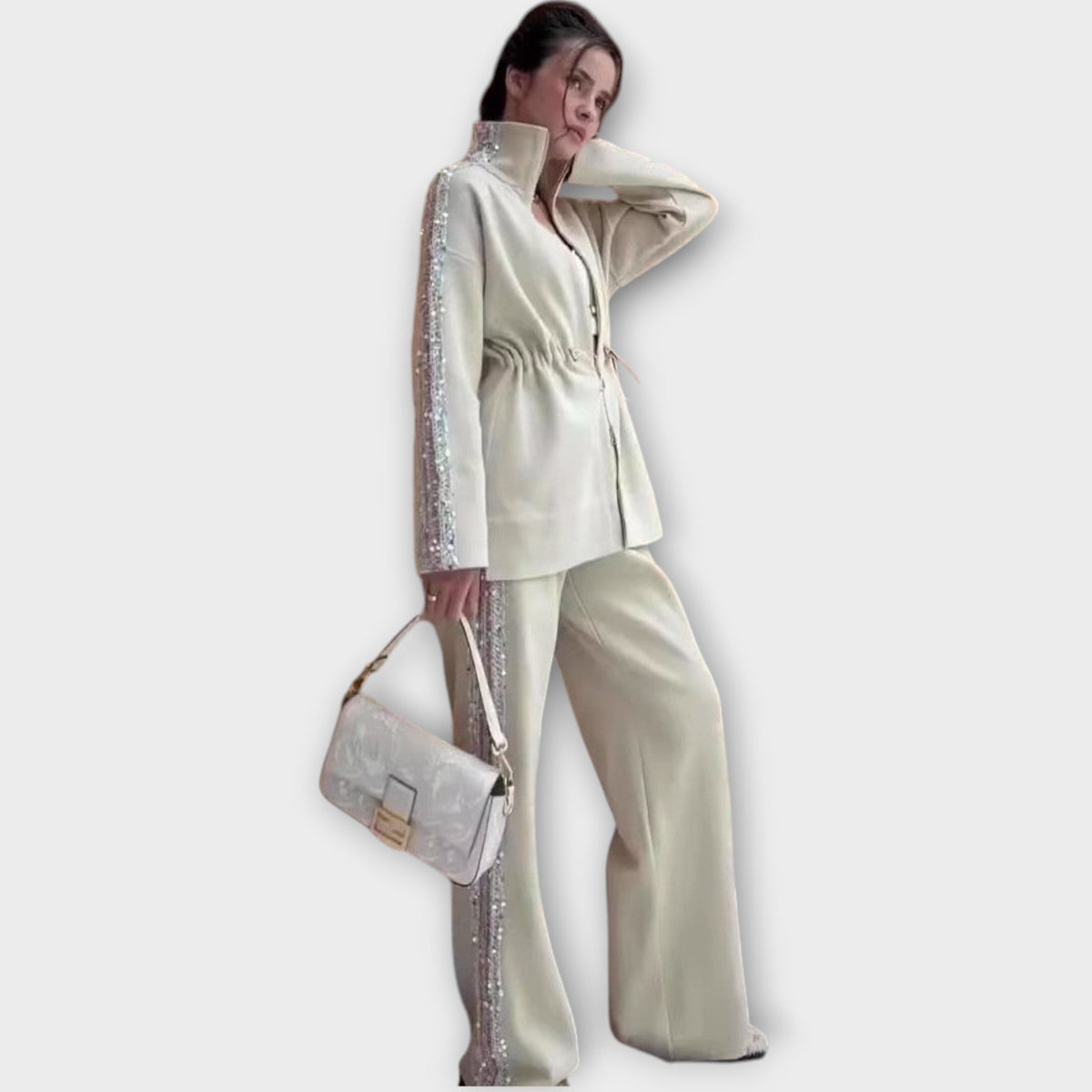 Elegant Sequin-Trim Tailored Set