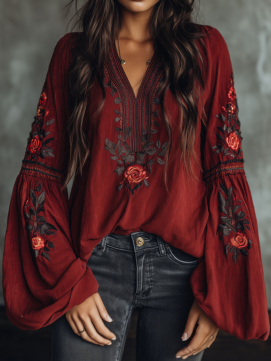 Vintage Red Embroidered Lantern Sleeve Boho Blouse
