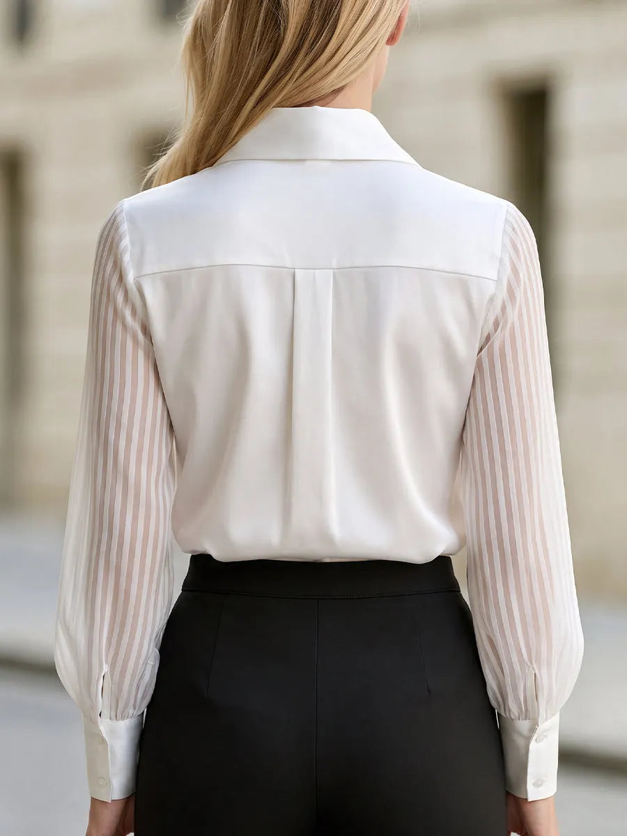 Point‑Collared Satin Blouse With Sheer Striped Lantern Sleeves