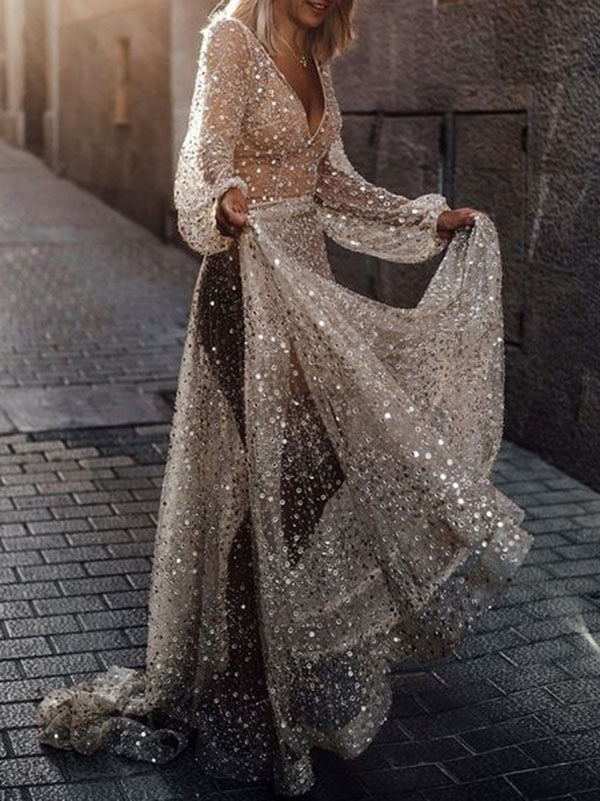 Shiny Sequinned See-Through Long Sleeves Maxi Dresses