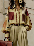 Long Sleeves Loose Buttoned Contrast Color Plaid Lapel Blouses&Shirts Tops