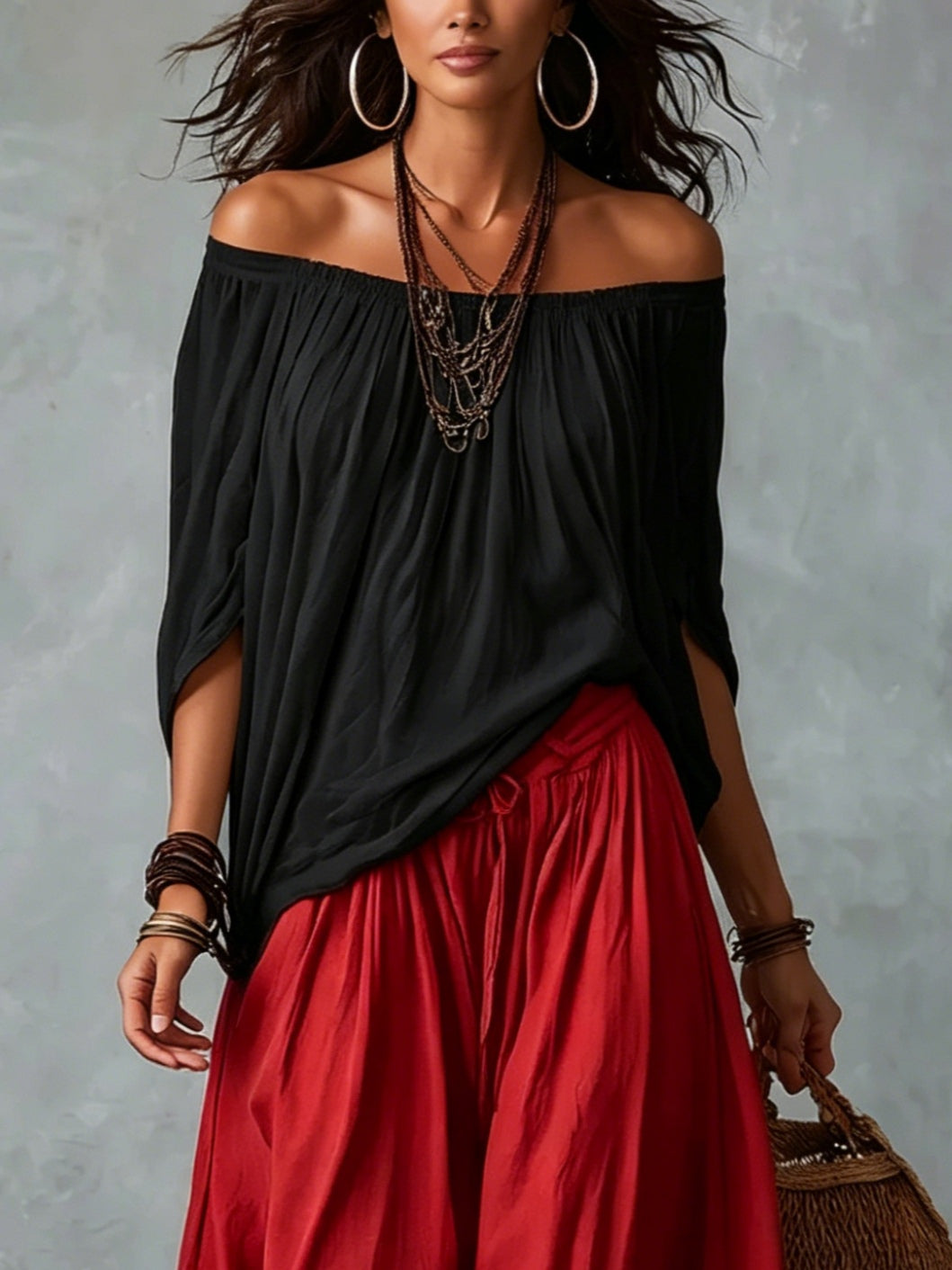 Black Off-shoulder Top And Red Loose-fitting Lantern Pants Suit