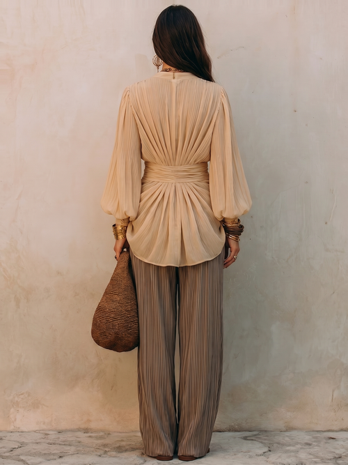 Beige V-neck knotted Top And Brown Pleated Wide-leg Pants Two-piece Set