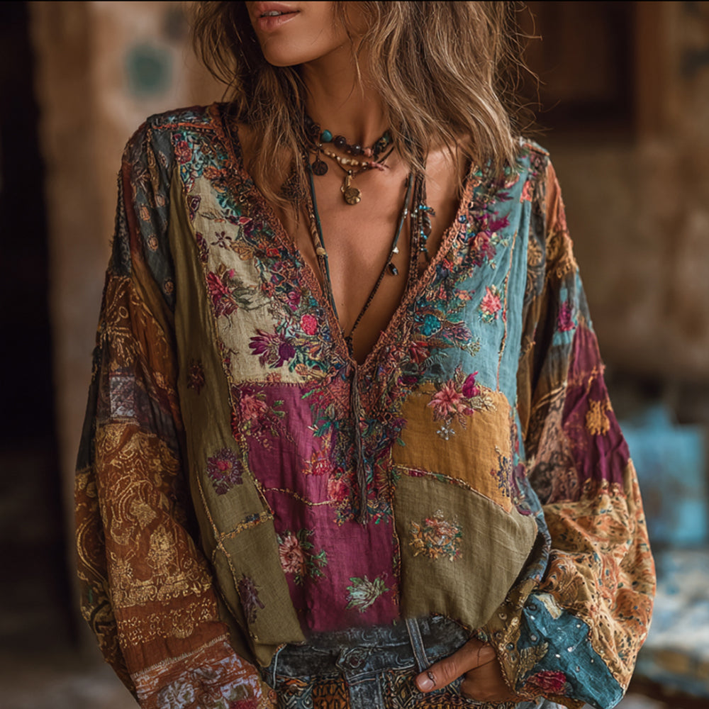 Bohemian Style Embroidered Flower Vacation Long-sleeved V-neck Worn-out Long-sleeved Top