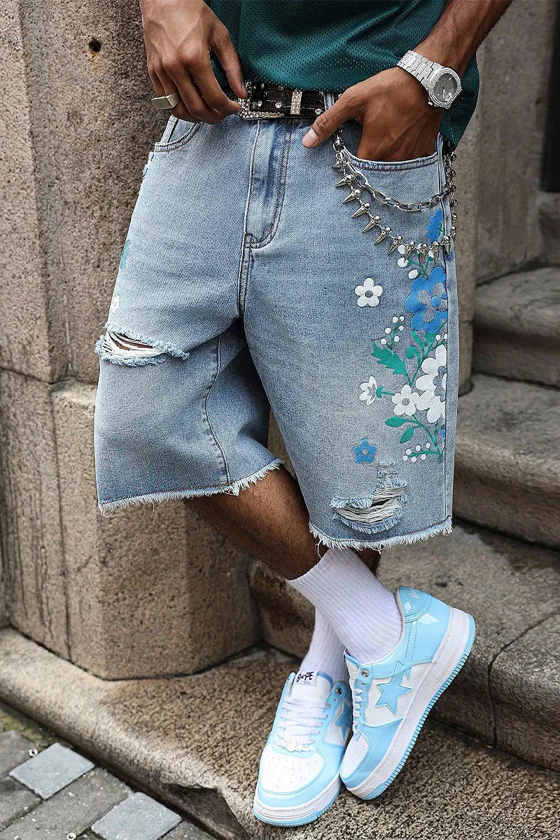 Men's Distressed Frayed Blue Flower Baggy Denim Jeans