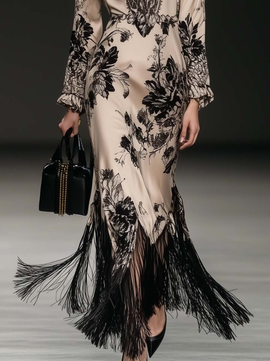 Elegant Bohemian Style V-neck Tassel Floral Print Beige Satin Maxi Dress