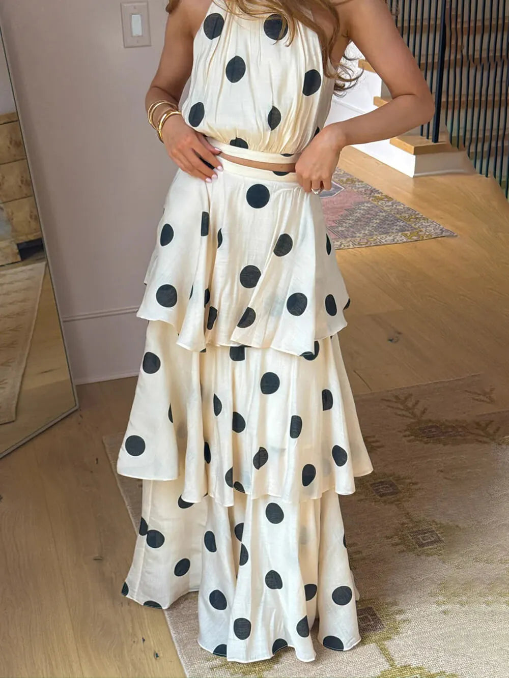 Exquisite Gift To You Polka Dot Print High Rise Layered Hem Maxi Skirt