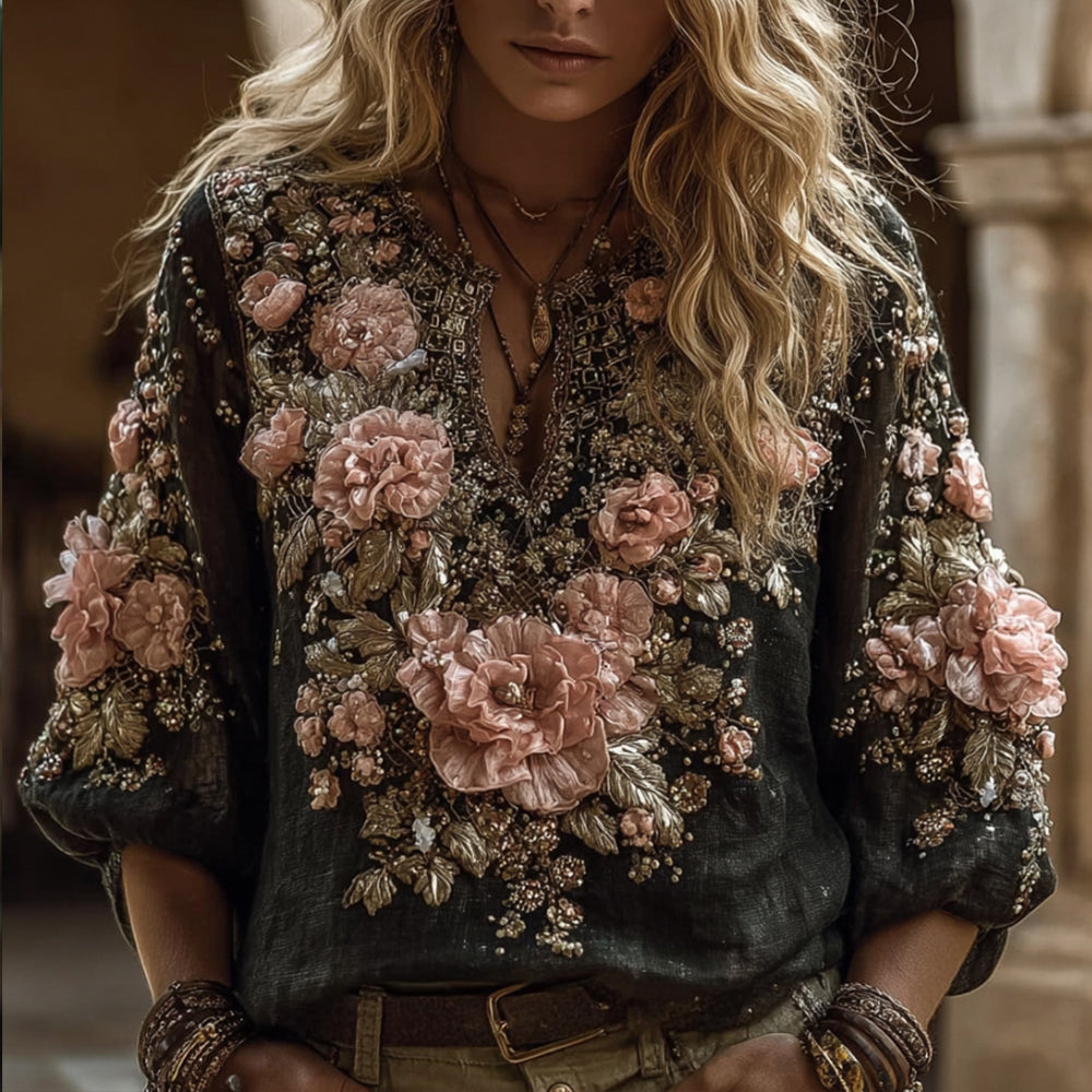 Bohemian Style Pink Flower Casual Long Sleeved Top