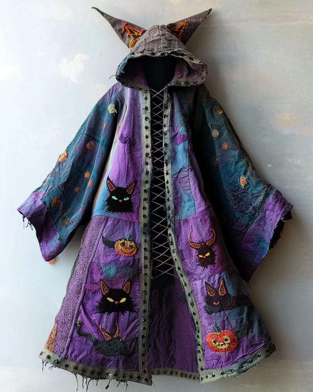 Women's Halloween Cat Print Cape Coat 2779