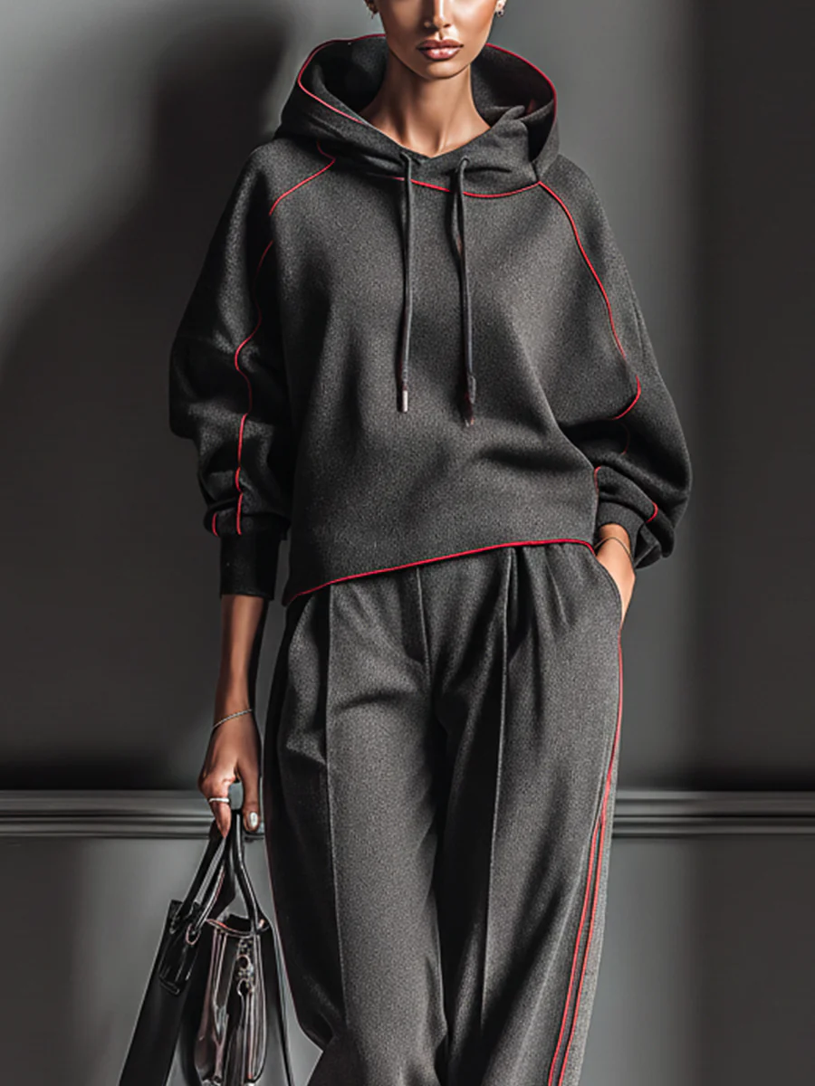 Dark Gray and Red Color-blocked Hooded Sweatshirt and Wide-leg Pants Two-piece Set