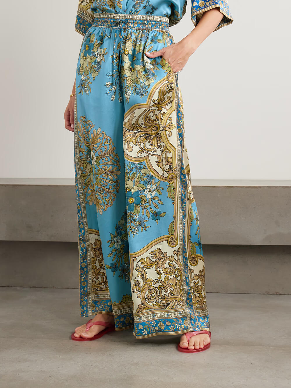 Unique Casual Floral Print Satin Elastic-Waist Pockets Wide-Leg Pants