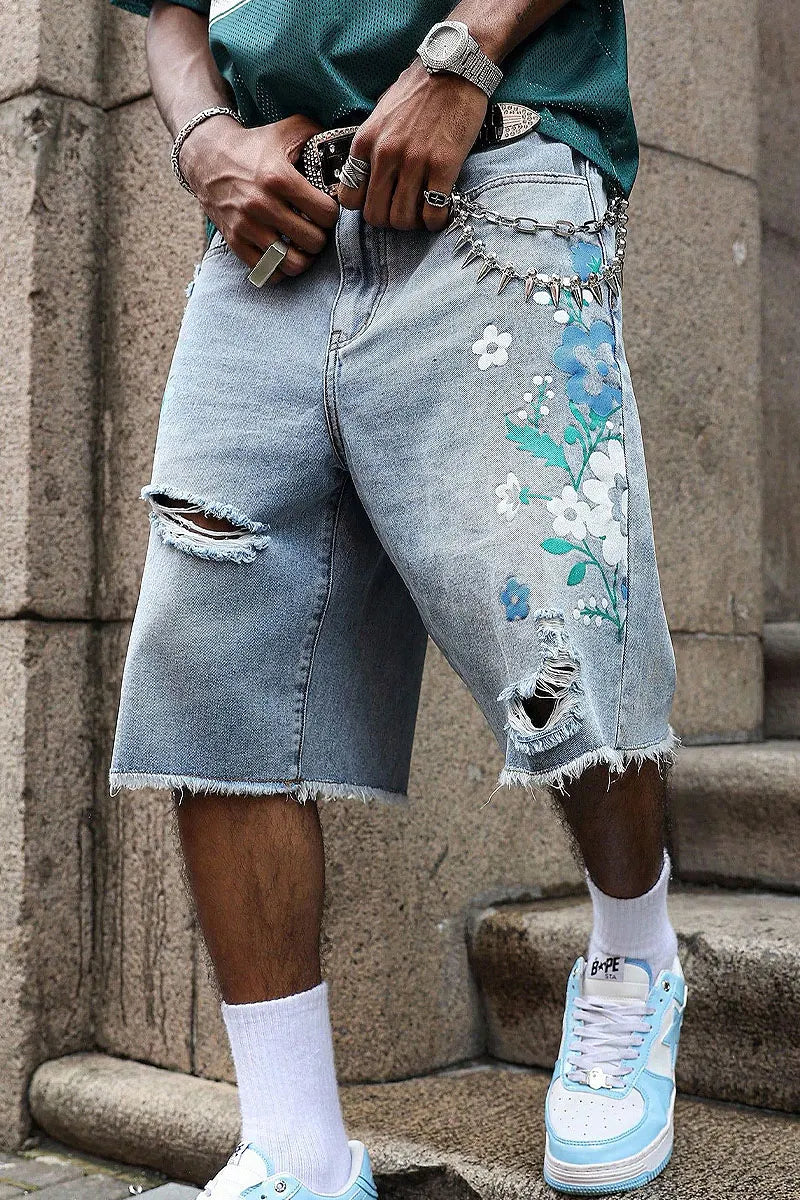 Men's Distressed Frayed Blue Flower Baggy Denim Jeans