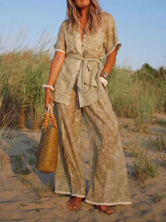 Elegant Tie-Waist Button-Down Short-Sleeve Blouse