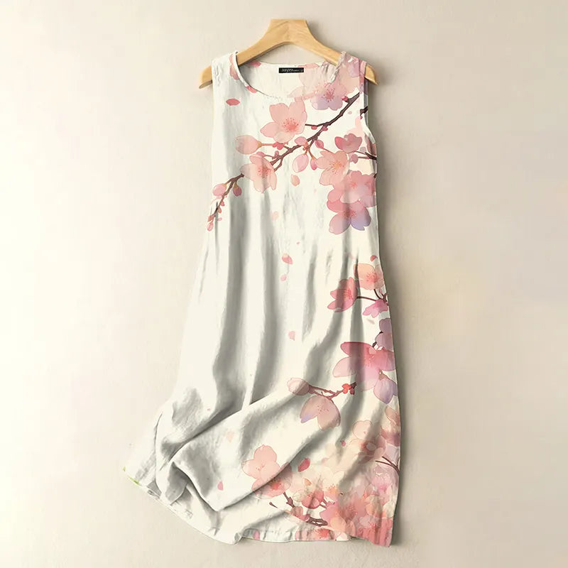 Vintage Japanese Ink Flower Art Print Sleeveless Cotton And Linen Midi Dress