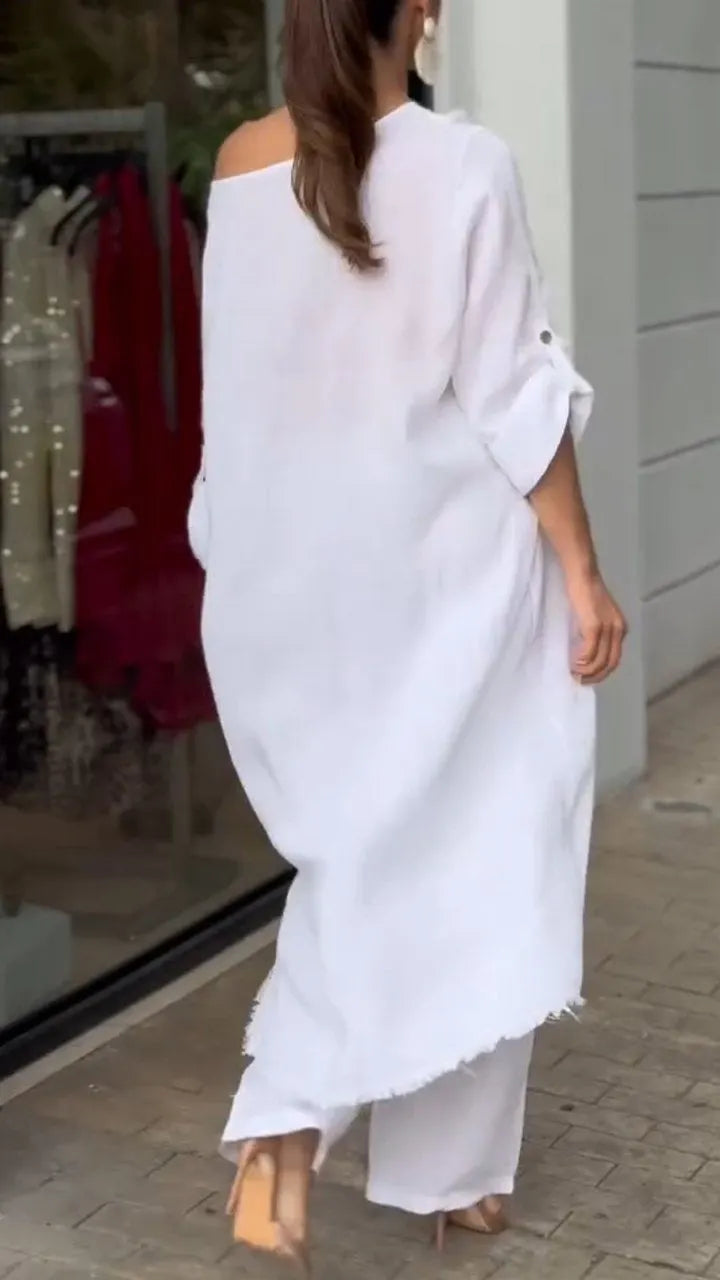 Women's Round Neck Cotton and Linen Irregular Casual Suit