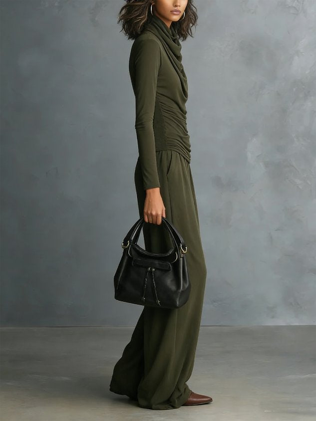 Casual Plain Ruched Cowl Neck T-shirt