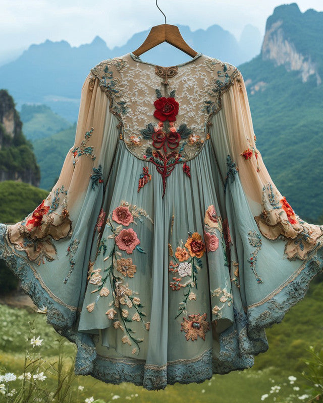Summer Vacation Ruffle Lace Chiffon Contrast Kaftan Dress da19