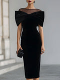 Dramatic Black Velvet Bow Midi Dress