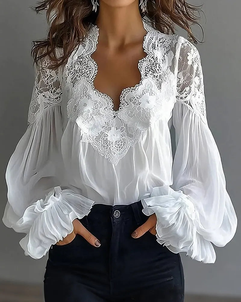 Lace Patchwork V-Neck Blouse