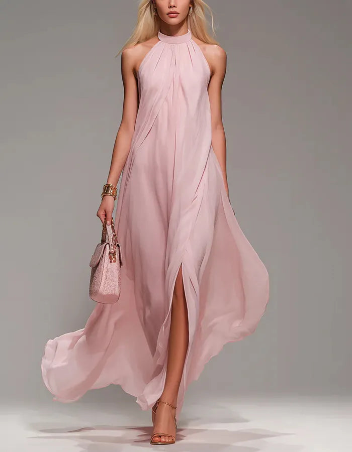Halter Sleeveless Slit Chiffon Maxi Dress