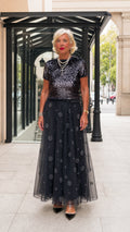 Sequined Short Sleeve Top and Embellished Tulle Maxi Skirt Evening Set