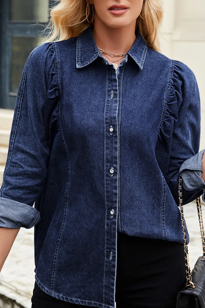 Women's Cropped Denim Shirt With Raw Hem Shoulder Detail