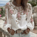 Women's Vintage Pink Rose Embroidery Art Round Neck Long Sleeve Linen Blend T-shirt