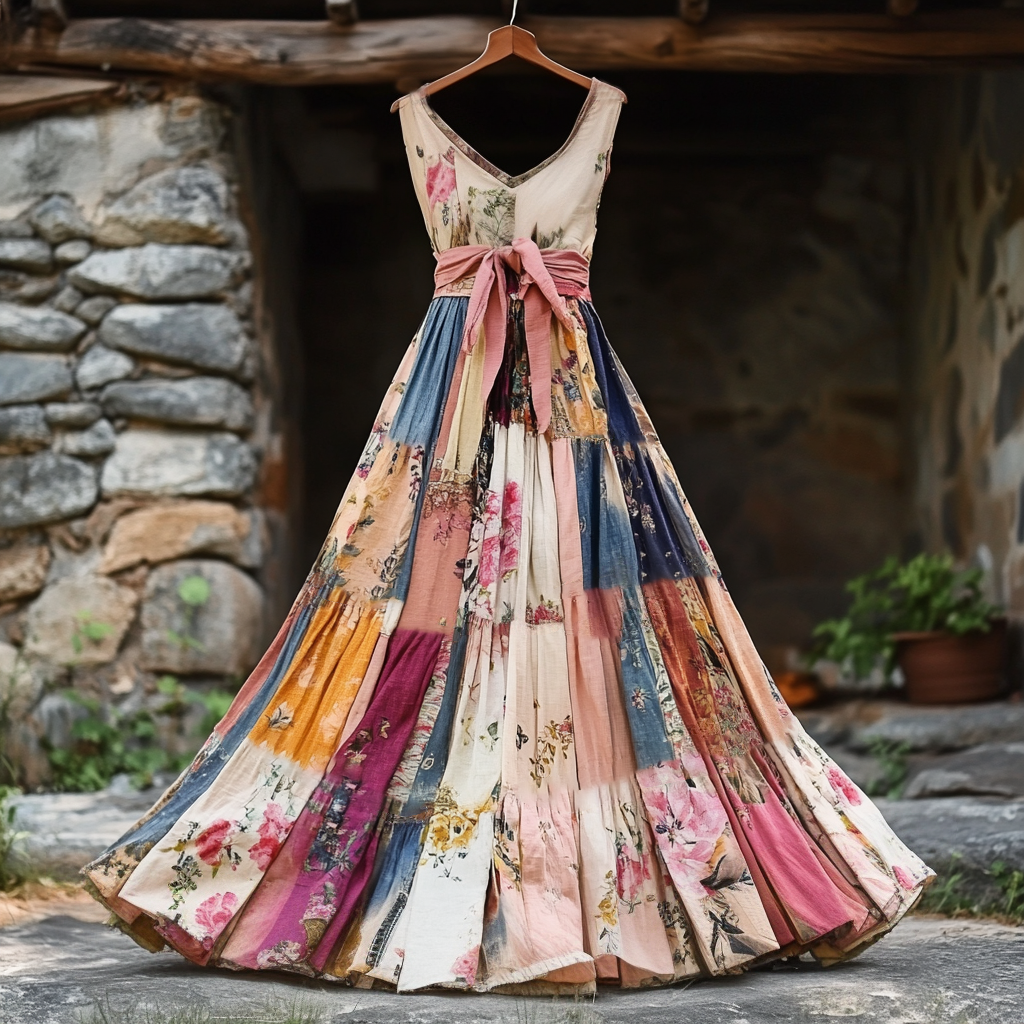 Women's Vintage Floral Applique Art Sleeveless Dress
