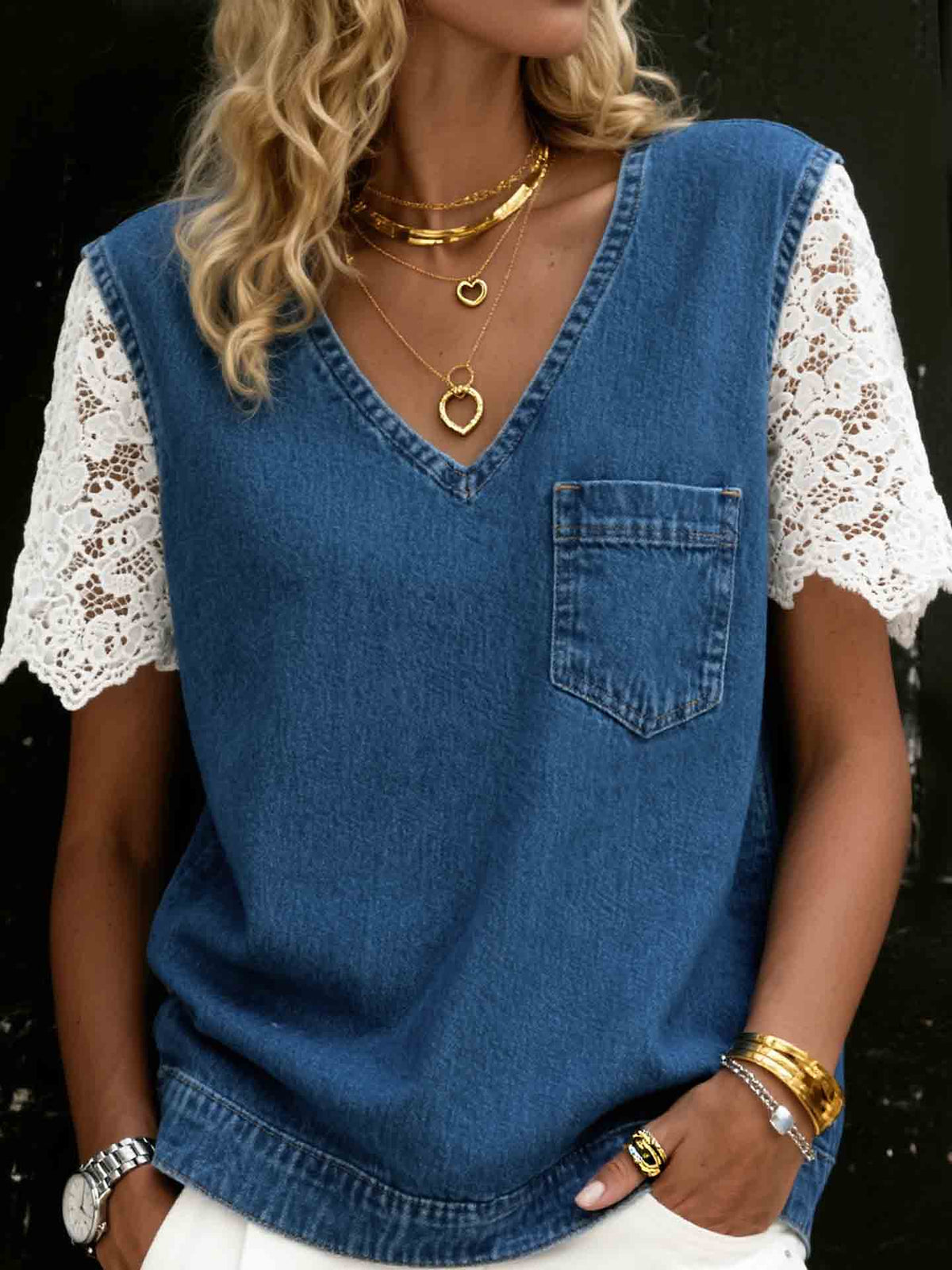 Women's V-neck Denim Top With Lace Trim