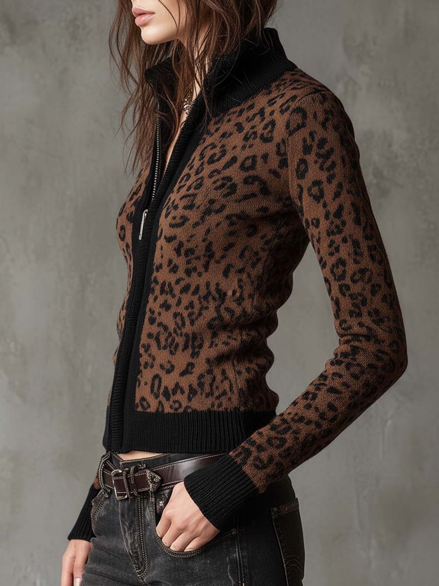Vintage Leopard Print Slim Fit Zip Cardigan