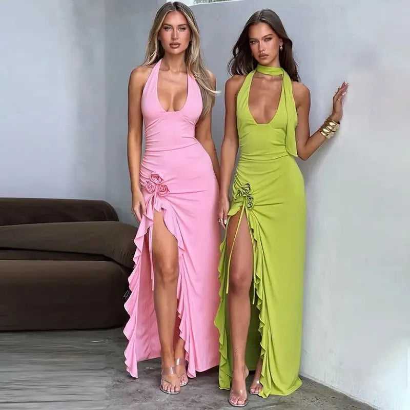 Rosetta Halter Neck Maxi Dress with Ruffle Slit – Floral Appliqué Summer Occasion Dress